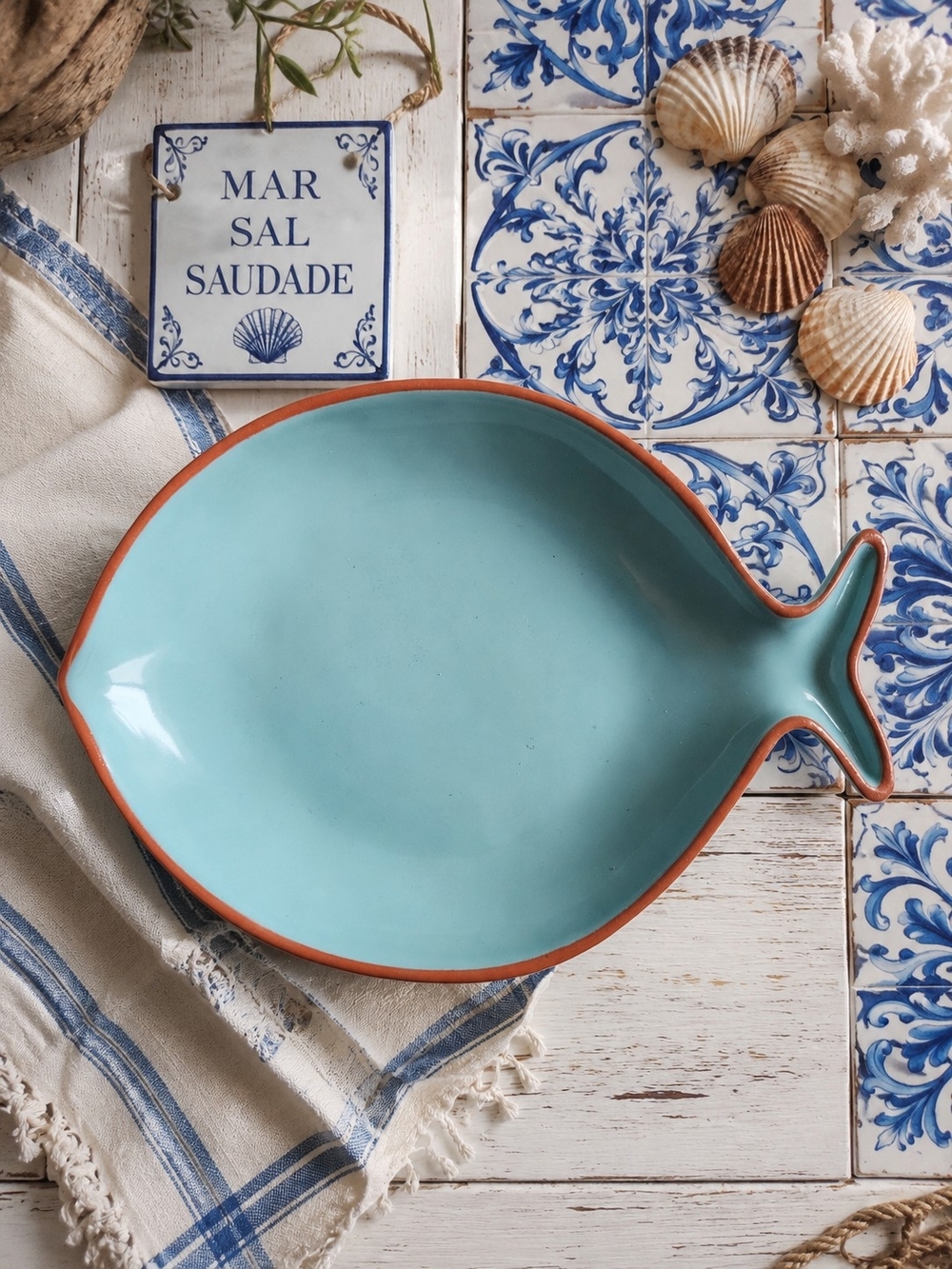 Val Do Sol Aqua Fish Serving Platter Plate Portugal 12" Glazed Terra Cotta Oven